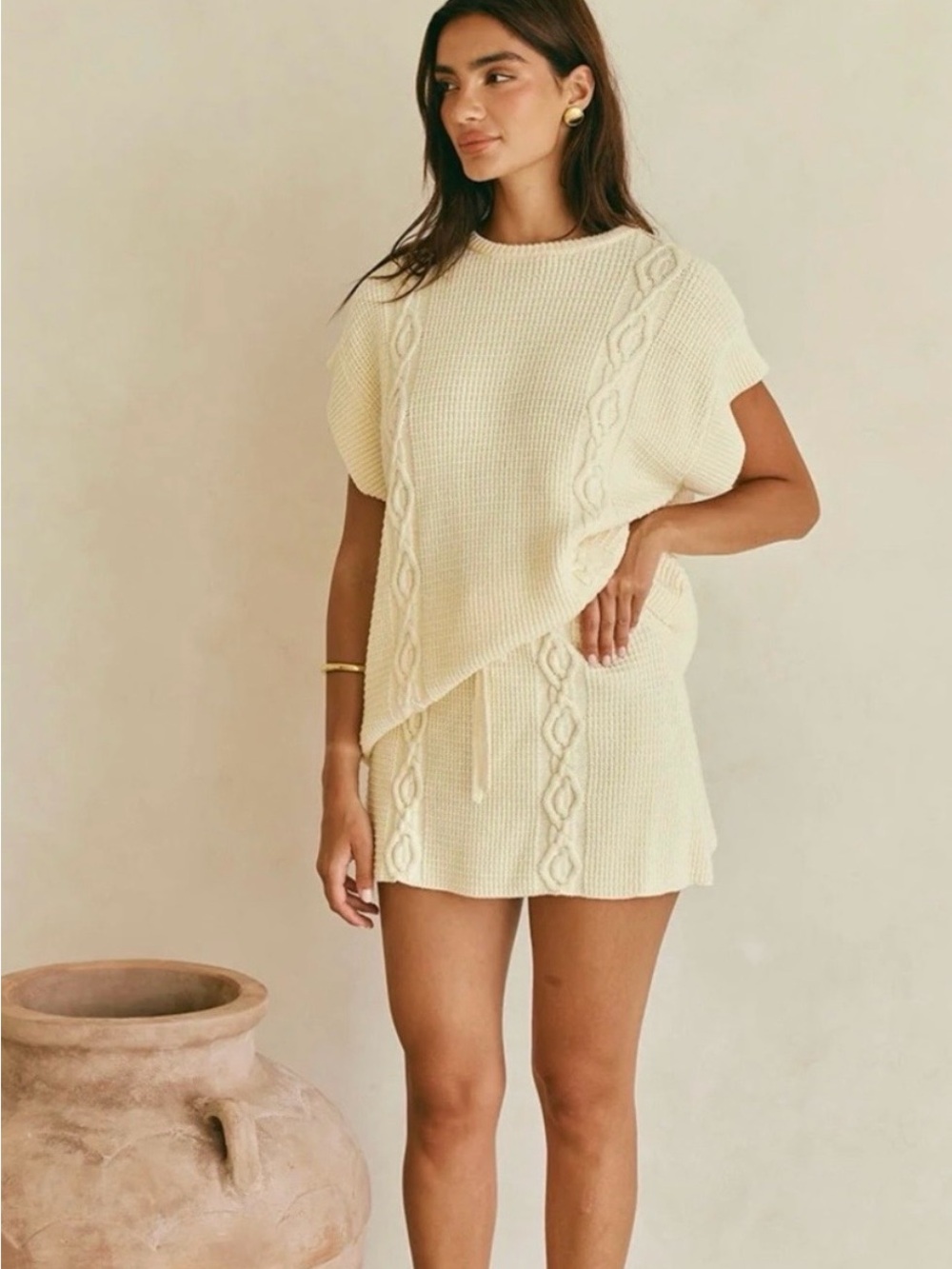 Cream Cable Knit Short-Sleeve Sweater Vest and Skirt Set